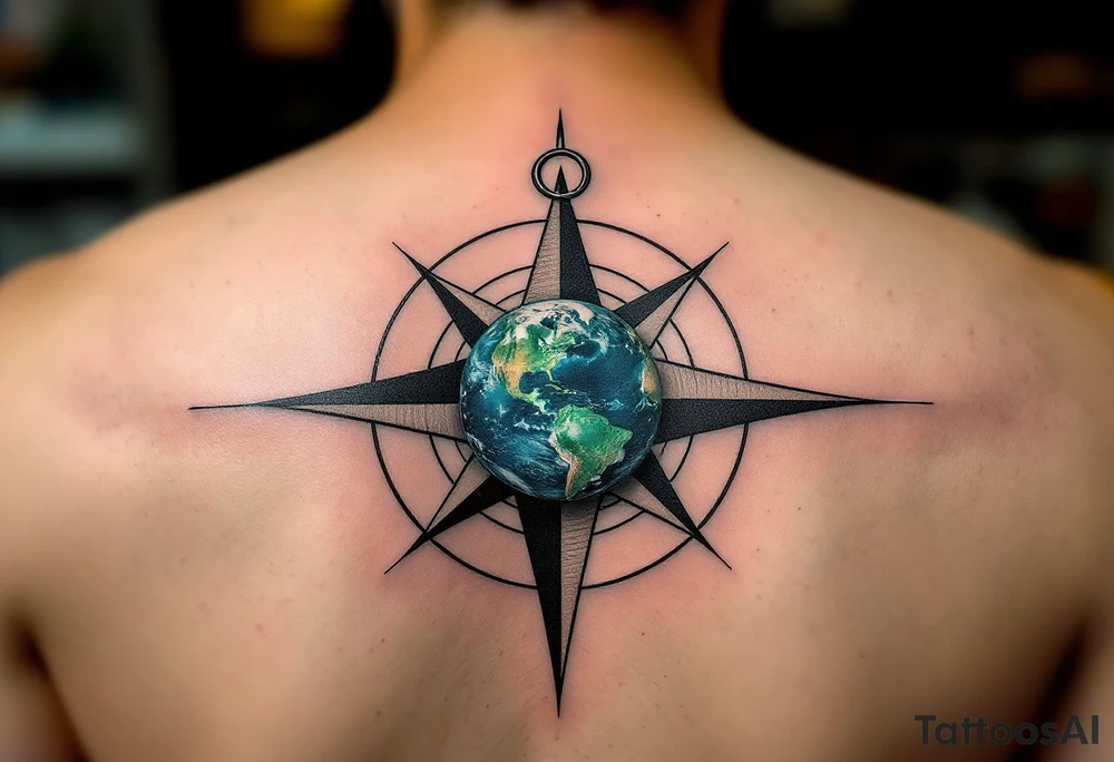 A small detailed Earth in rich cobalt and forest green floats inside a fine black geometric compass. tattoo idea