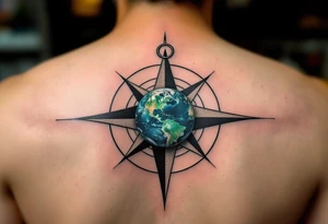 A small detailed Earth in rich cobalt and forest green floats inside a fine black geometric compass. tattoo idea