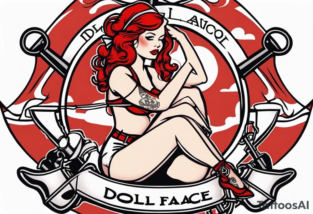 red head pin up girl sitting on an anchor with a banner winding around her that says doll face tattoo idea