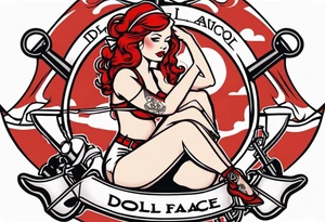 red head pin up girl sitting on an anchor with a banner winding around her that says doll face tattoo idea