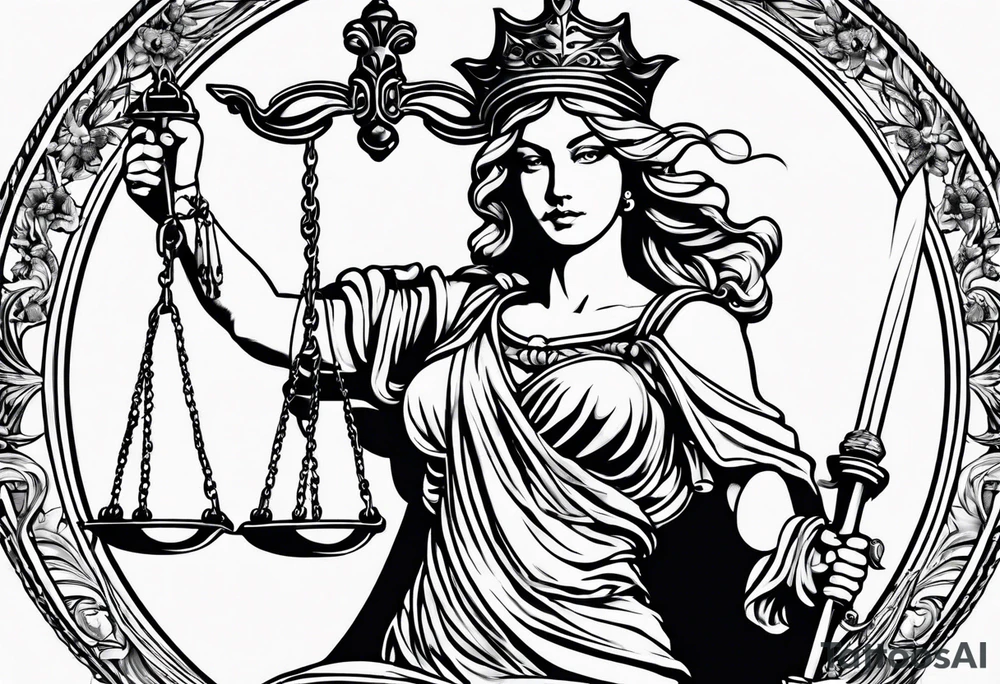 Lady justice with blindfolded eyes, holding a sword in the one hand and a libra in the other tattoo idea