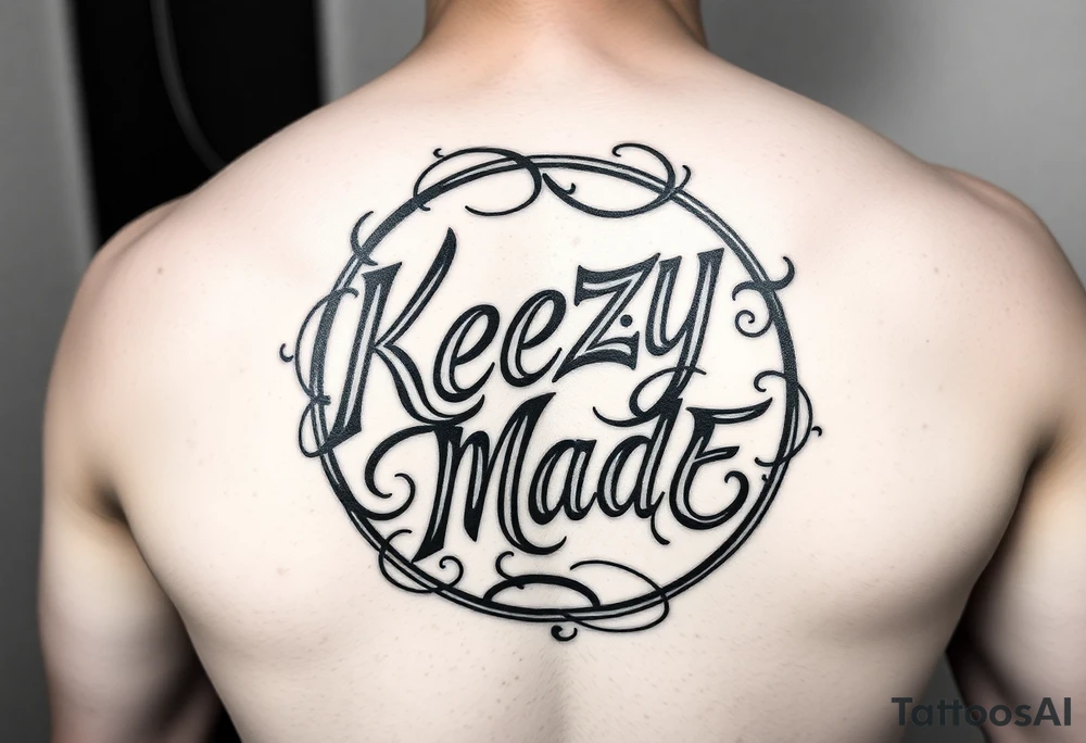 Just lettering  fancy but rugged twisted and intertwined circular arched curvy lettering in a circular  that would be clothing brand style that says (KeezY MadE) tattoo idea