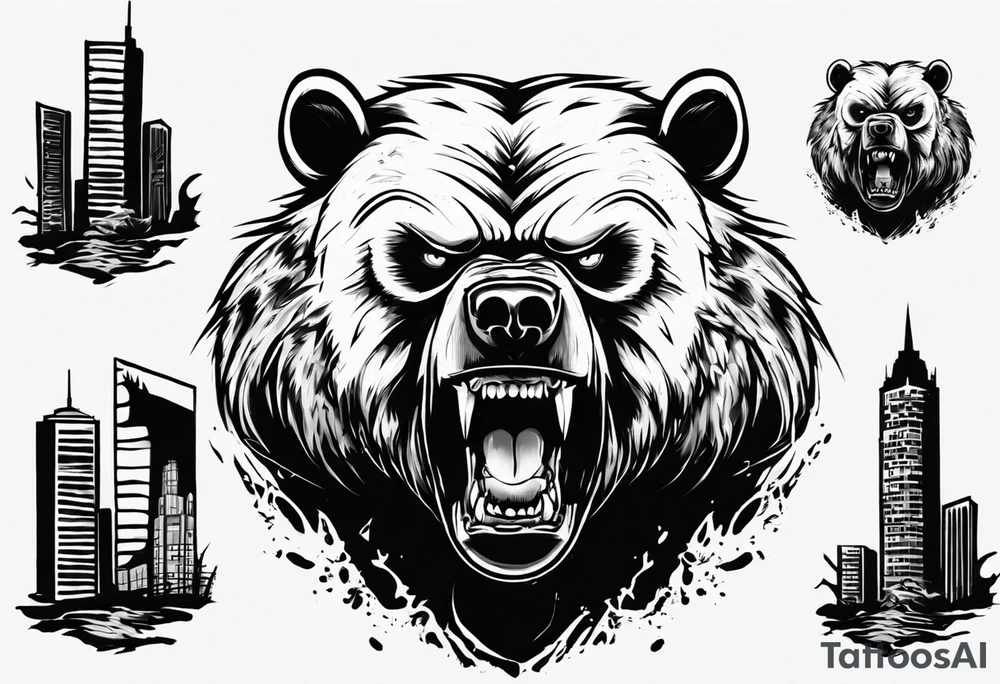 Angry bear coming up behind a city tattoo idea