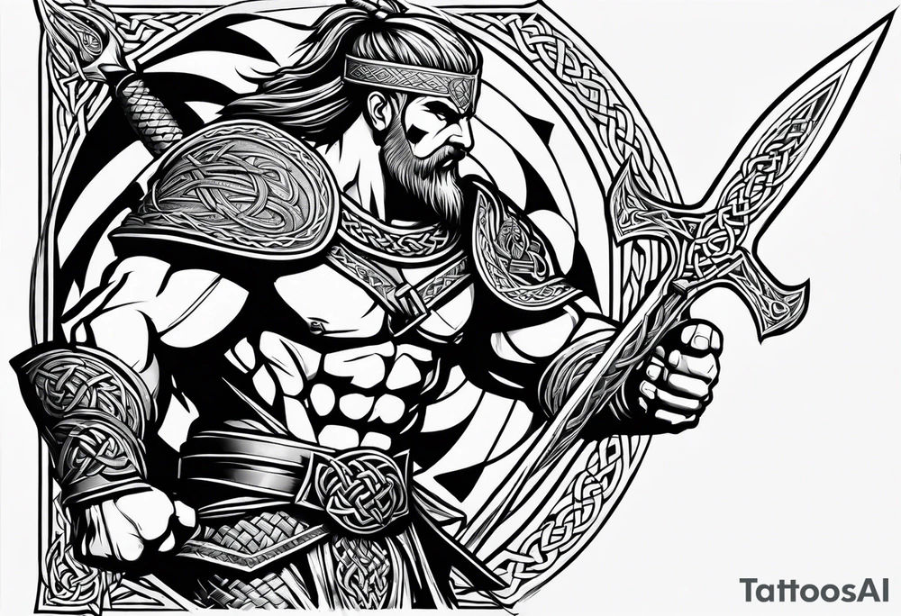 Celtic warrior facing side with weapons drawn tattoo idea
