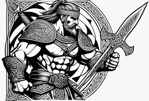 Celtic warrior facing side with weapons drawn tattoo idea
