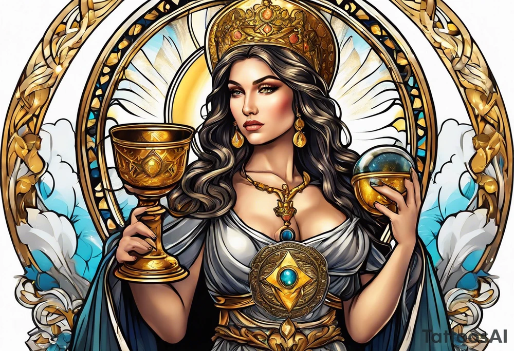 woman saint holding chalice surrounded by golden halo sideways tattoo idea