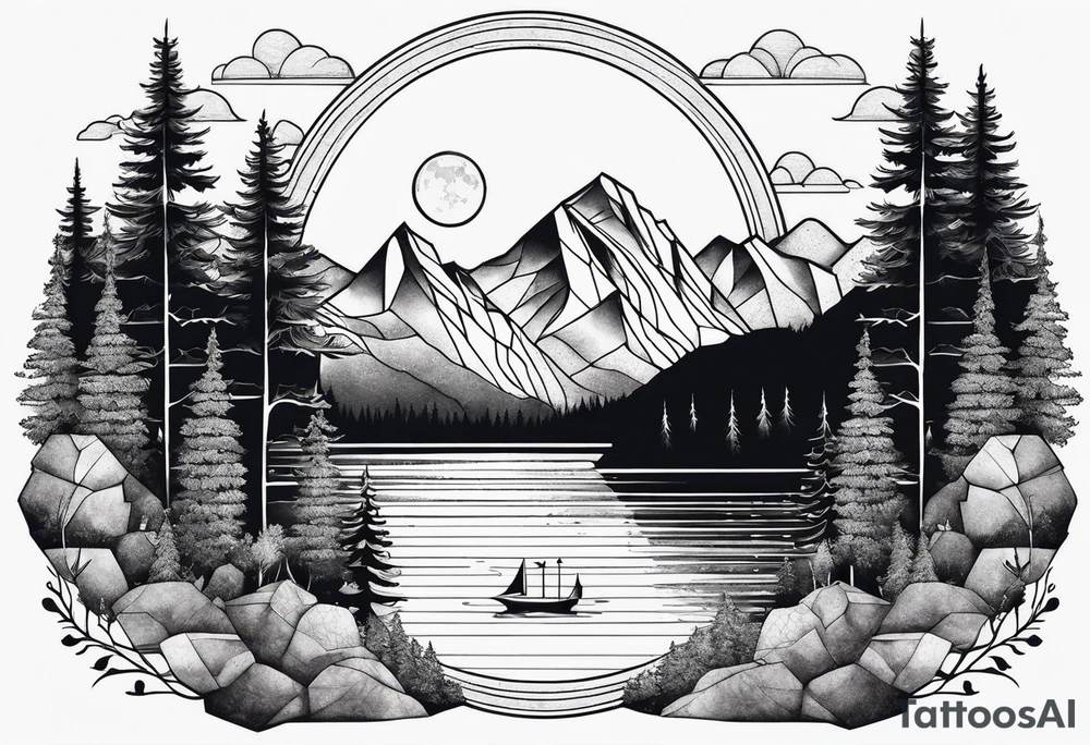Large geometric nature tattoo with moutains, lake, forest, and a moon. tattoo idea