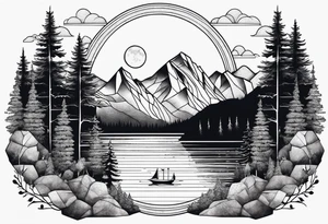 Large geometric nature tattoo with moutains, lake, forest, and a moon. tattoo idea