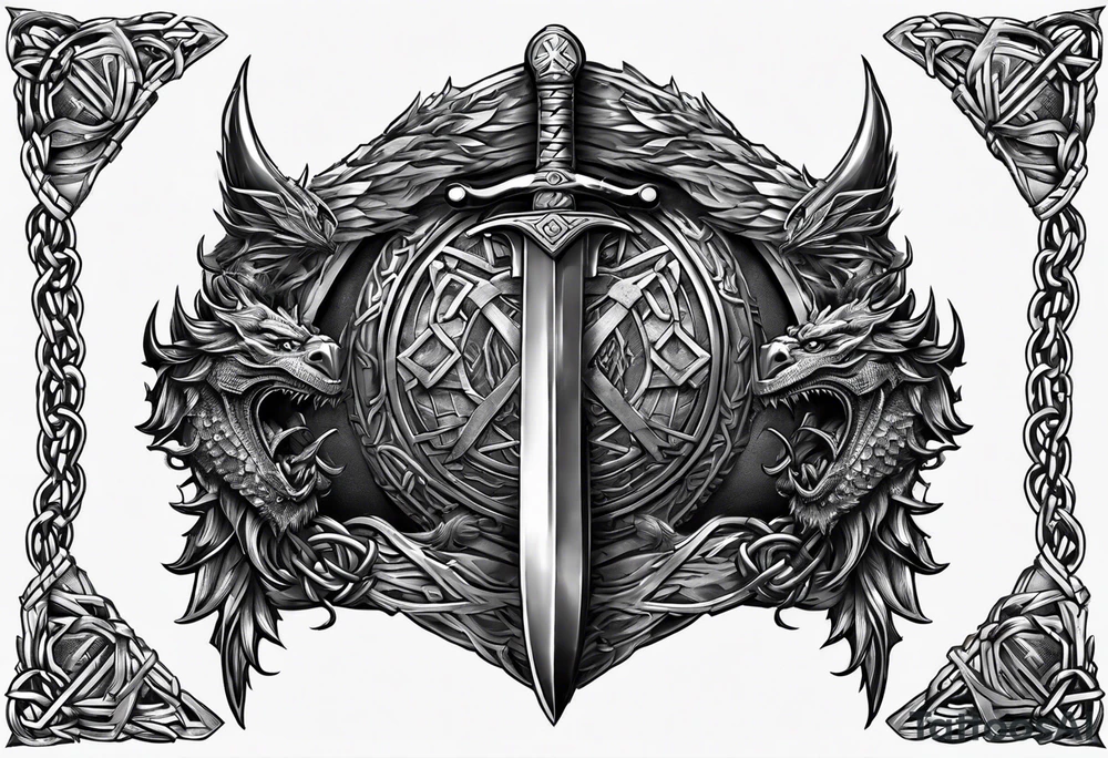Valhalla sword shield dragon axe Valknut barbed wire chains fire tattoo idea