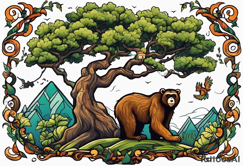 oak tree with cartoon monkey hanging from a branch, dinosaur walking nearby, and grizzly bear walking across the front tattoo idea