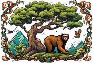 oak tree with cartoon monkey hanging from a branch, dinosaur walking nearby, and grizzly bear walking across the front tattoo idea