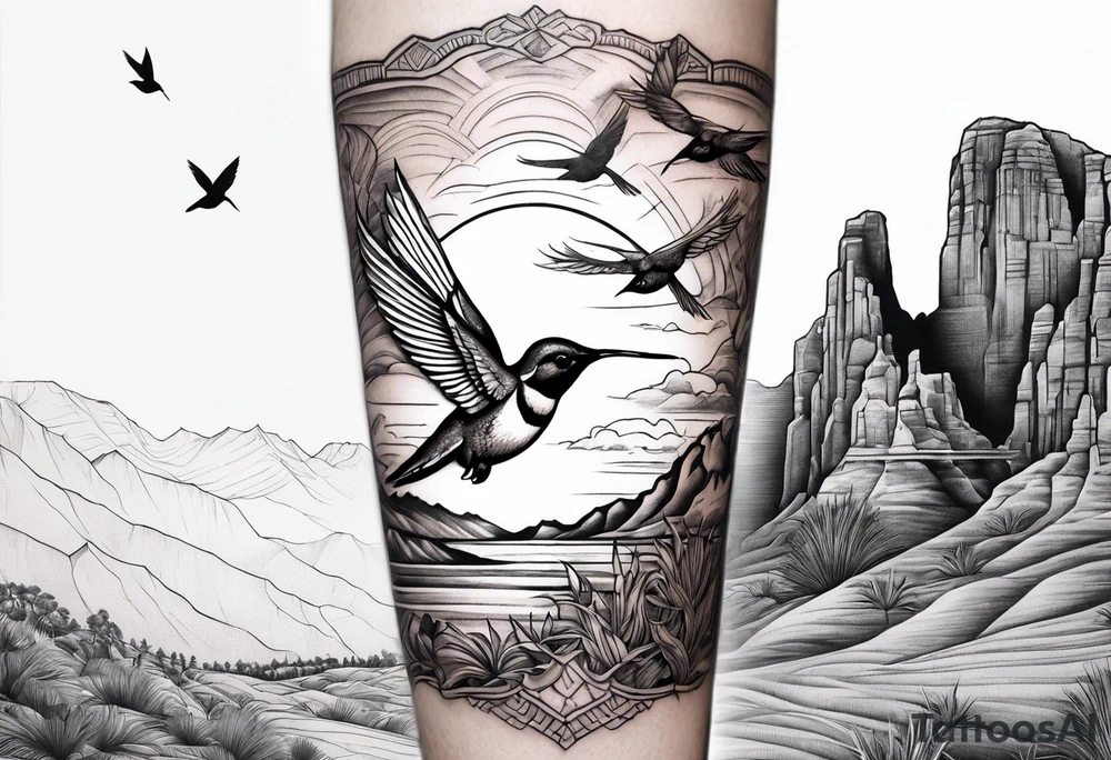 Forearm tattoo with southwest landscape and hummingbird silhouette tattoo idea