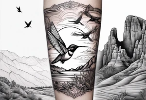 Forearm tattoo with southwest landscape and hummingbird silhouette tattoo idea