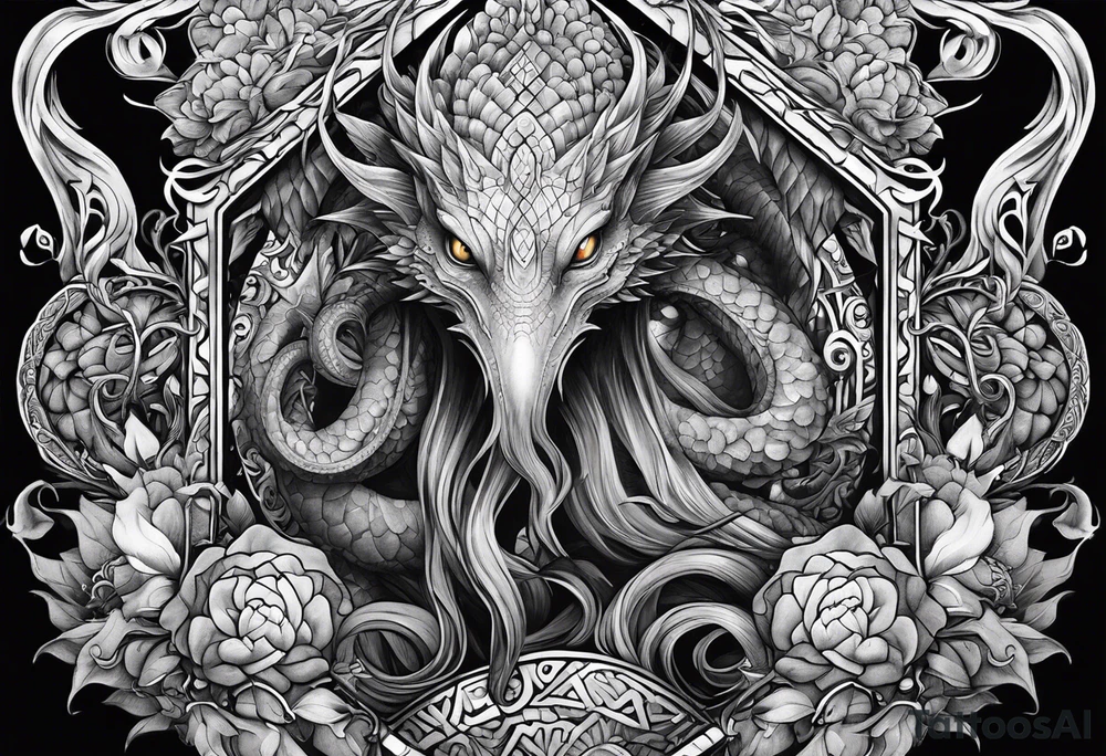 Vertical full sleeve. Lovecraftian creature, protecting a token of love. tattoo idea