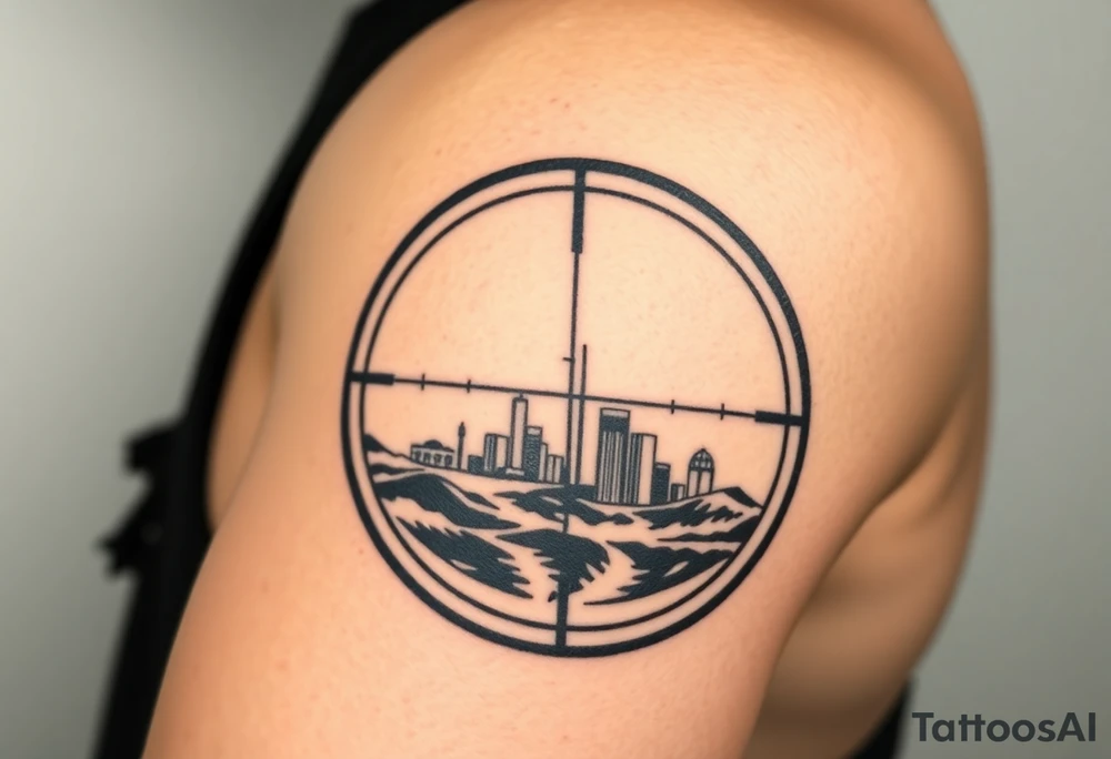scope crosshairs with eerie Los Angeles city horizon in background tattoo idea