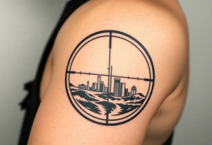scope crosshairs with eerie Los Angeles city horizon in background tattoo idea