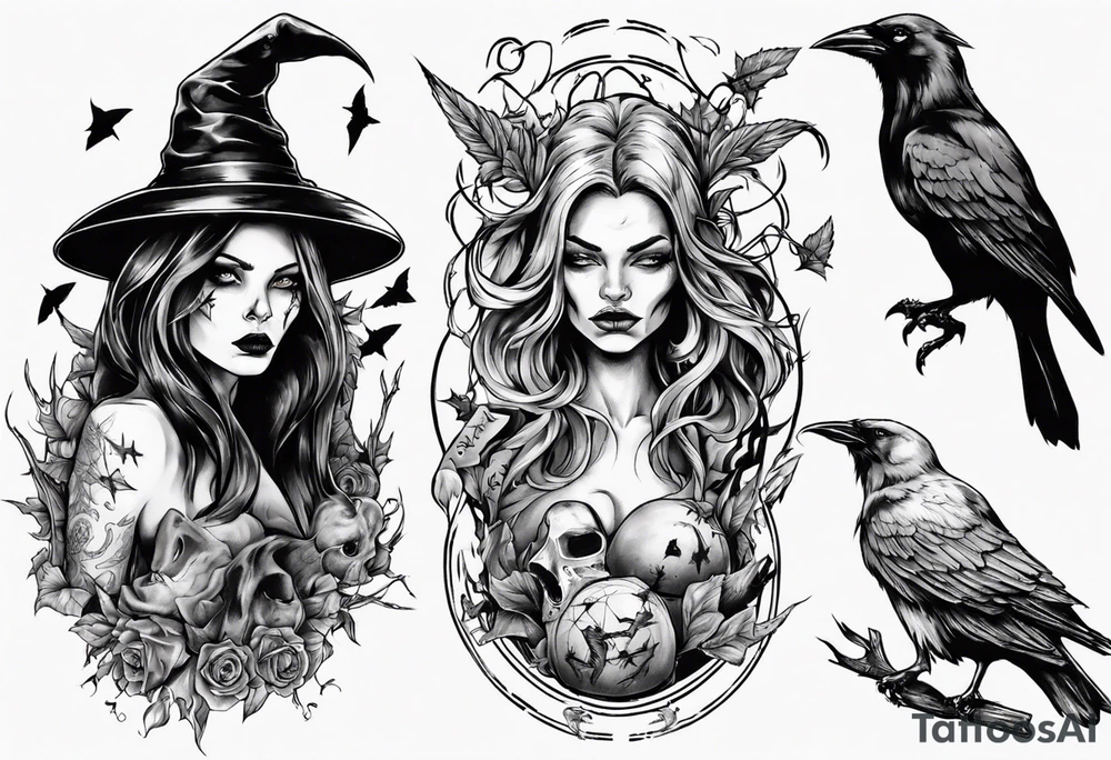 witch with crows tattoo idea