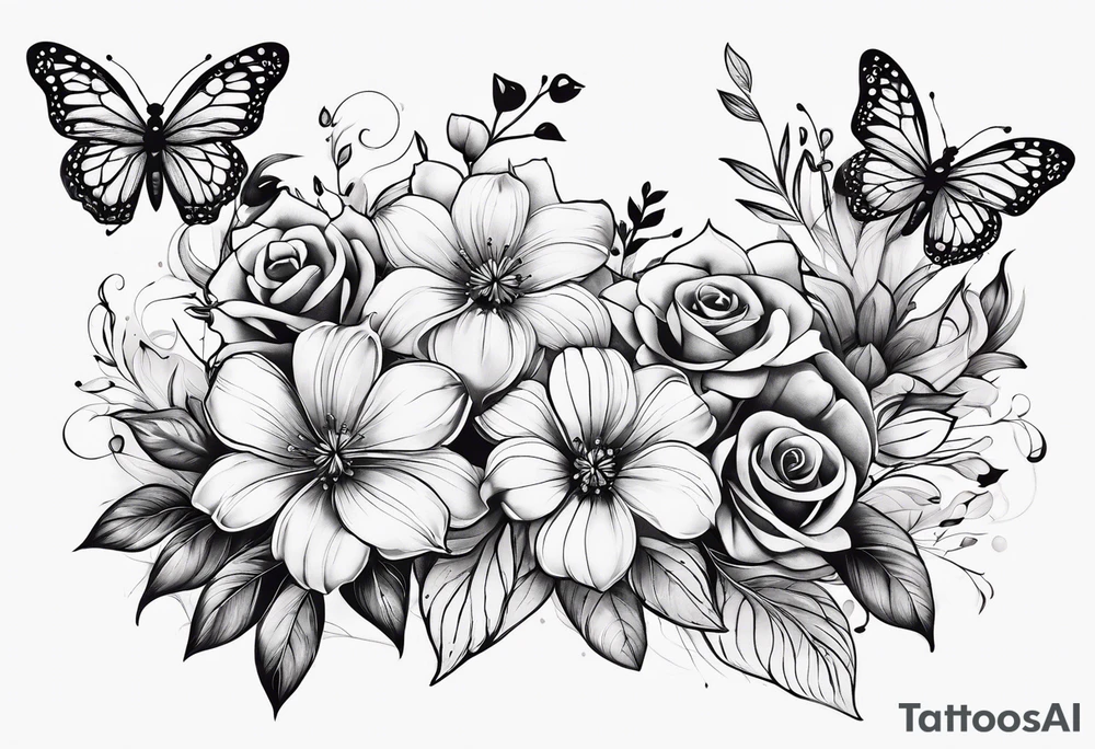 Flowers with "Ruby" in calligraphy font and butterflies around it tattoo idea Flowers with "Ruby" in calligraphy font and butterflies around it tattoo idea