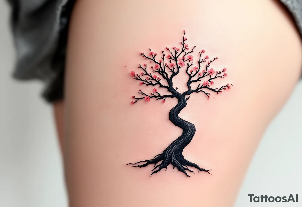 Cherry Blossom Tree Silhouette – A small black bonsai-style cherry tree silhouette with faint pink flowers dotting the ends of the branches. tattoo idea