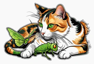 Calico cat with green eyes playing with a grasshopper toy tattoo idea