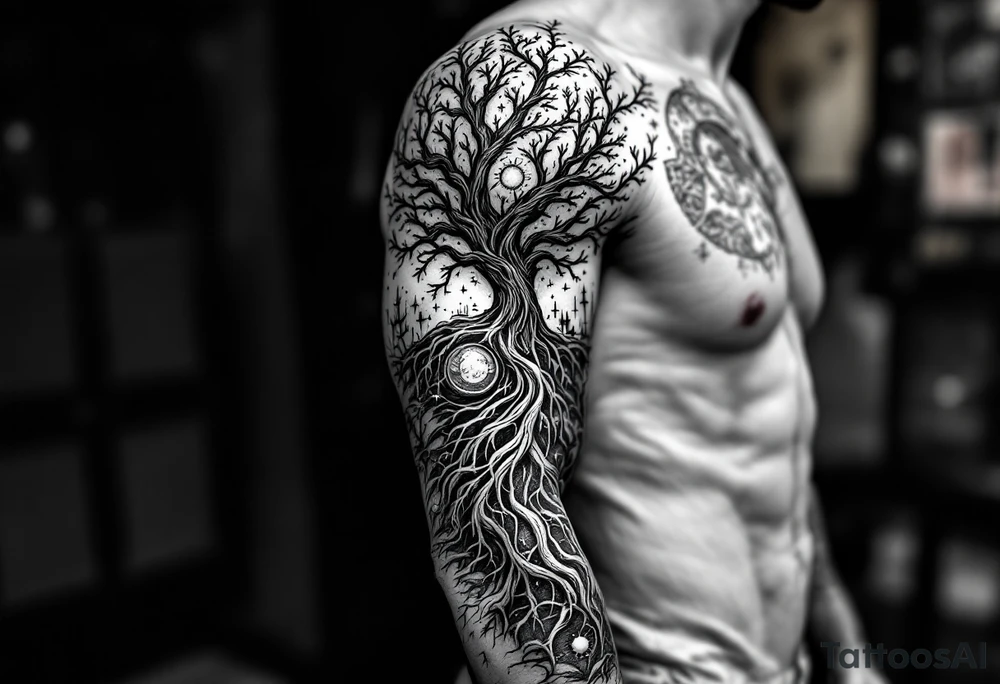 mystical tree of life with cosmic roots and celestial branches tattoo idea