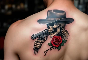 a full body skeleton cowboy gunslinger with a rose in his mouth. tattoo idea