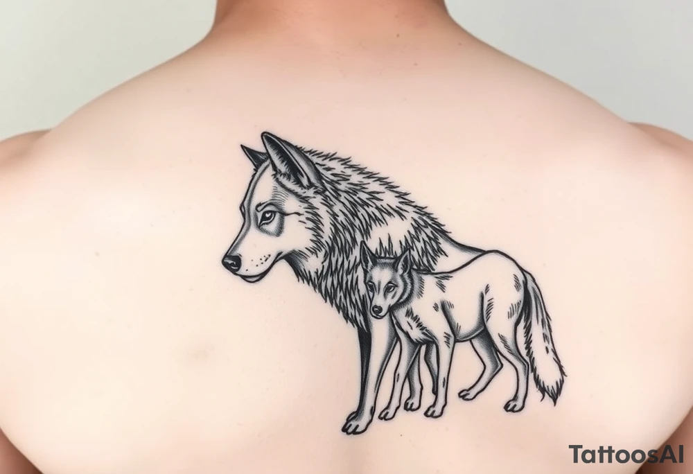 A solitary yet sublime and noble wolf and its progeny. tattoo idea