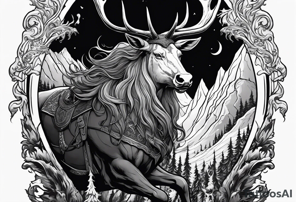 Nordic god Balder in the land of the dead riding on an undead stag with no face tattoo idea