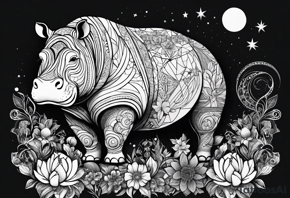 Hippo, flowers, moon, interstella, artic surreal,
Extreme fine lines, tribal, geometric, tattoo idea