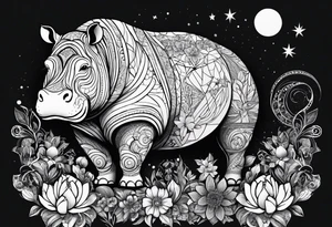 Hippo, flowers, moon, interstella, artic surreal, 
Extreme fine lines, tribal, geometric, tattoo idea
