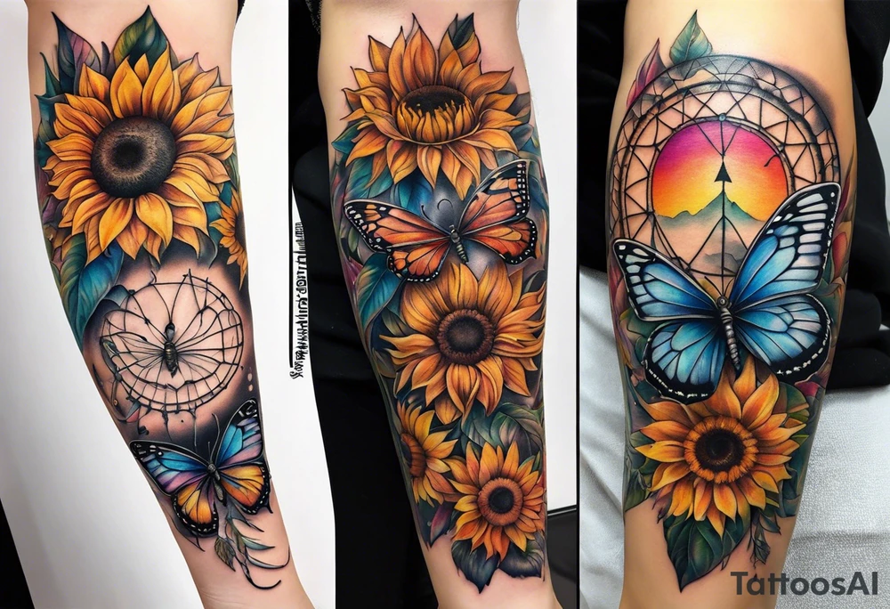 Quarter Leg sleeve with dreamcatcher, rainbow sunflowers and one butterfly tattoo idea