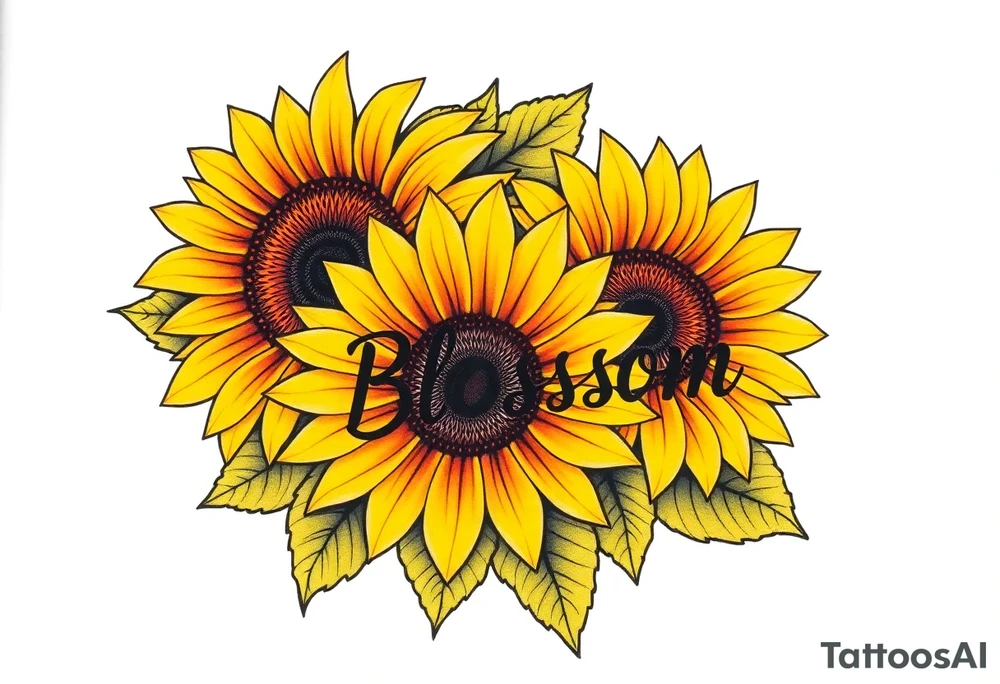 Sunflowers with “Blossom” written through it tattoo idea