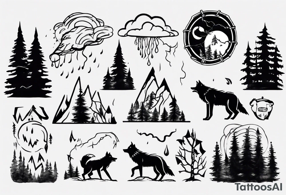 thunderstorm over a forest with a wolf howling on drums tattoo idea thunderstorm over a forest with a wolf howling on drums tattoo idea