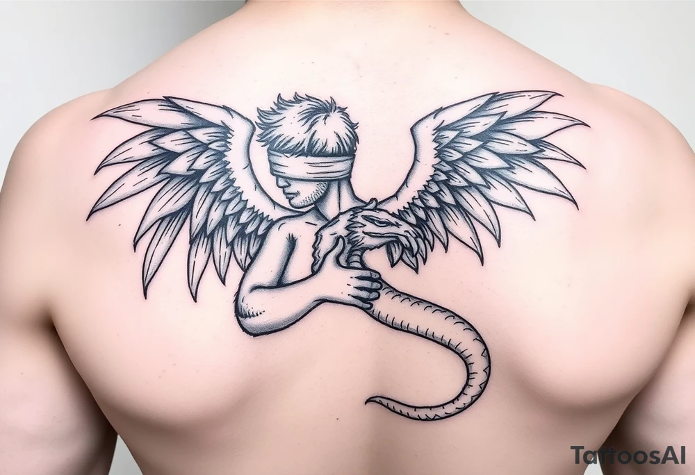 Angel blindfolded holding draco tattoo idea
