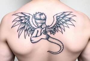 Angel blindfolded holding draco tattoo idea