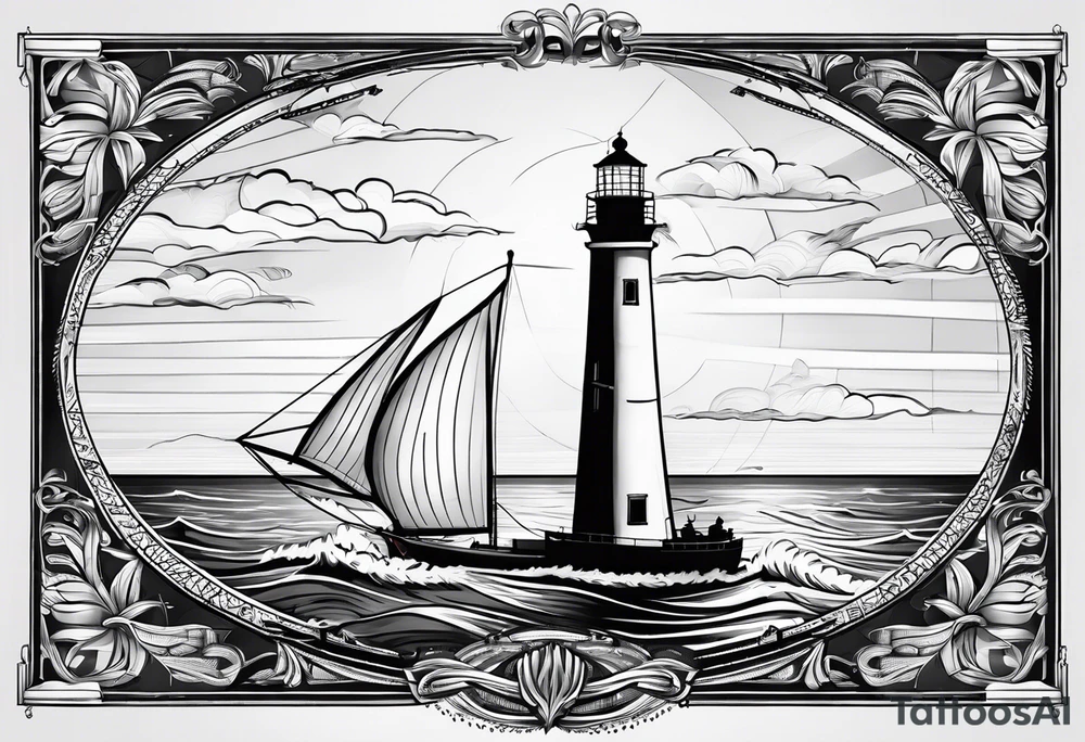 voilier vue de face. phare maritime fixé au centre du voilier et utilisé comme un mat pour les voiles. tattoo idea