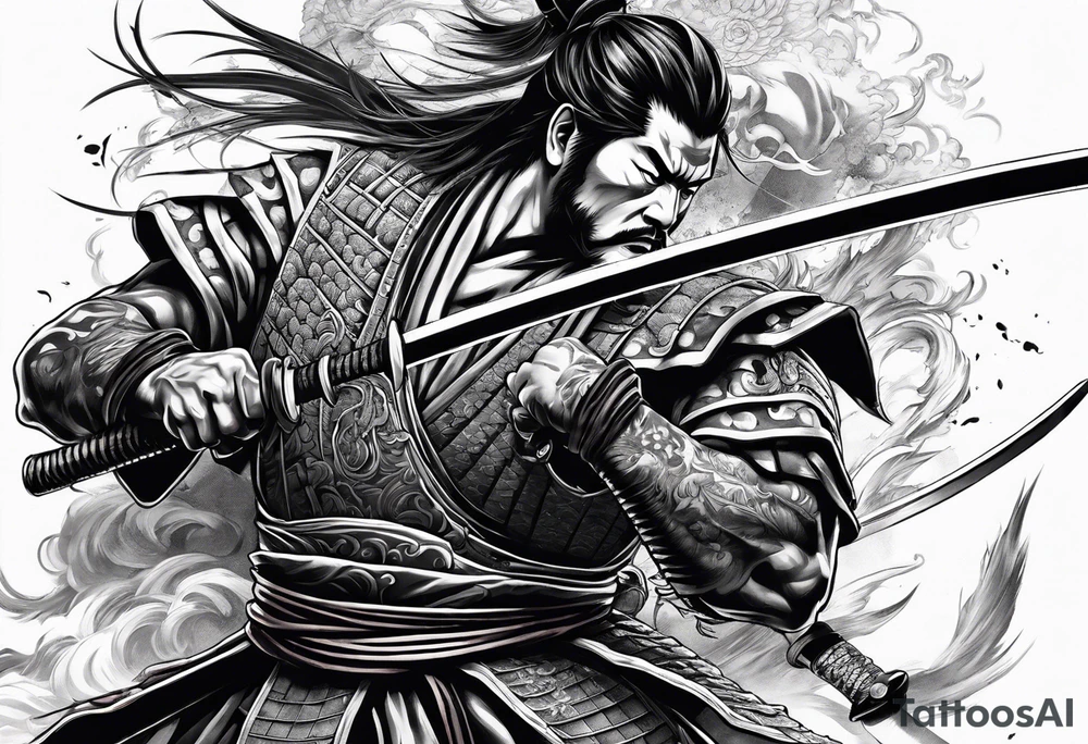 samurai warrior defeating a demon in a 1 on 1 duel and beheading the demon tattoo idea