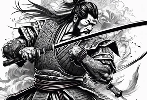 samurai warrior defeating a demon in a 1 on 1 duel and beheading the demon tattoo idea
