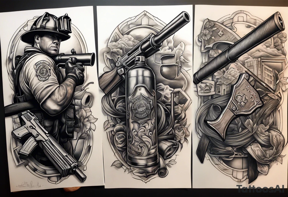 A forearm tattoo that includes an M4 Carbine rifle, a Beretta M9 pistol, a firefighter's hose with nozzle, and a firefighter's halligan bar and flathead axe tattoo idea