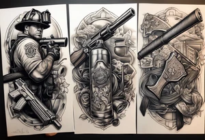 A forearm tattoo that includes an M4 Carbine rifle, a Beretta M9 pistol, a firefighter's hose with nozzle, and a firefighter's halligan bar and flathead axe tattoo idea