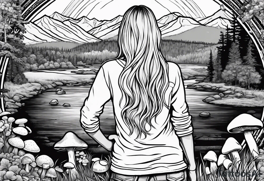 Whole picture encircled fully

Straight long blonde hair hippie girl in distance holding mushrooms in hand facing away toward mountains and creek surrounded by mushrooms long sleeve shirt and hiking pants; whole rendering within a full circle, no cut off circle tattoo idea