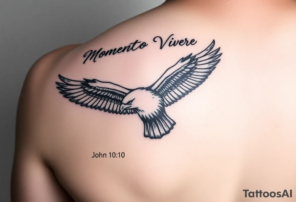 realistic eagle in flight, the words Momento Vivere above eagle and John 10:10 below tattoo idea