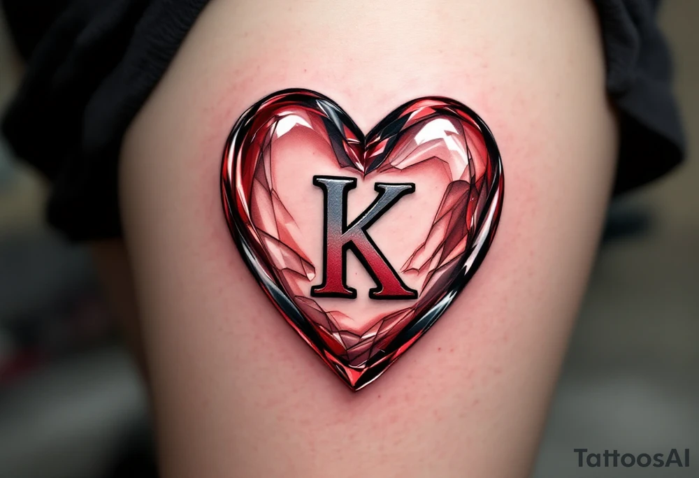 A realistic glass heart with the letter "K" frozen inside, representing love that is pure and preserved forever. tattoo idea