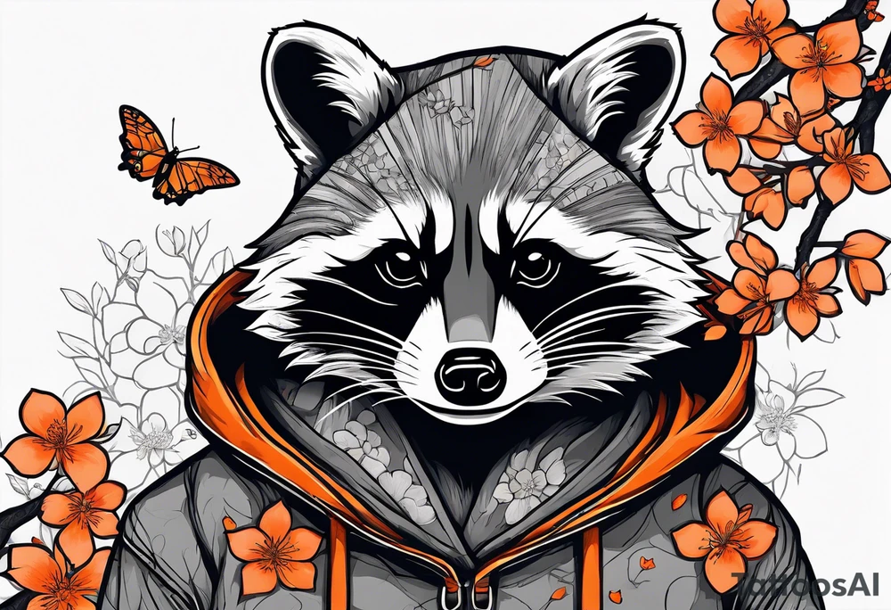 raccoon wearing a black and white Superman hoodie and orange Japanese cherry blossoms tattoo idea