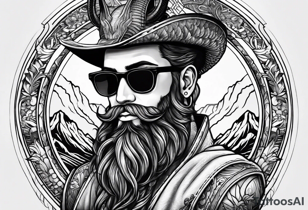 capricorn with beard and sunglasses tattoo idea