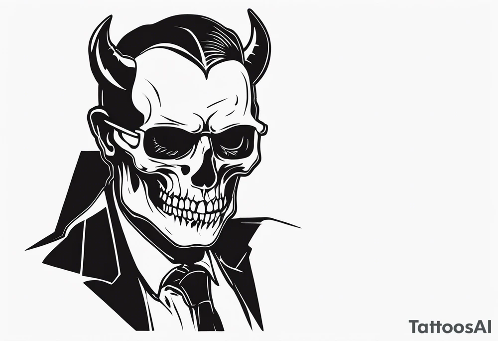 the devil wears a suit and tie writing with a skeleton tattoo idea