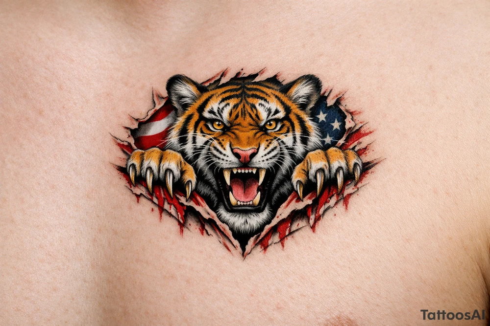 Tiger ripping throught the chest with the American Flag in the background.  Almost like the Amercian Flag is the blood of the body.  Make it bigger and add color.  The tiger should be more front.  So the ears are out from the body.  Bigger.  This is on the chest.  Not the back. tattoo idea