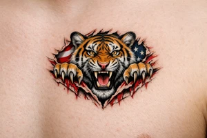 Tiger ripping throught the chest with the American Flag in the background.  Almost like the Amercian Flag is the blood of the body.  Make it bigger and add color.  The tiger should be more front.  So the ears are out from the body.  Bigger.  This is on the chest.  Not the back. tattoo idea