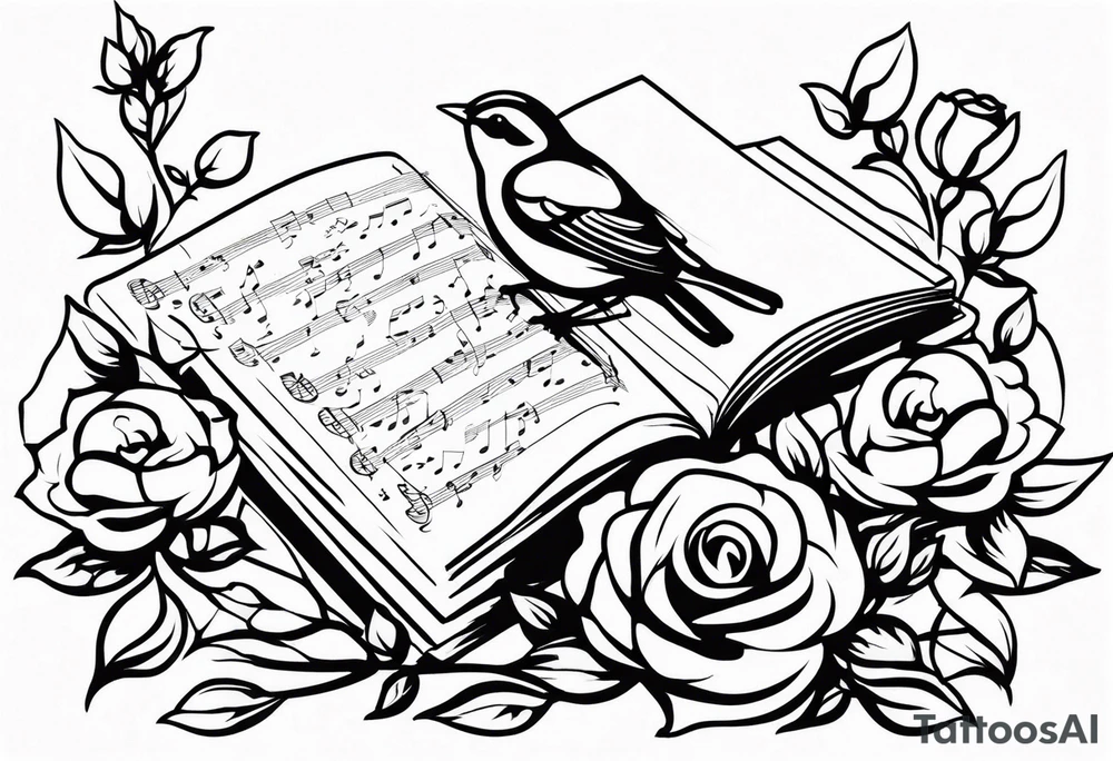 A Nightingale singing in a bush of Damascus roses above a music sheet tattoo idea