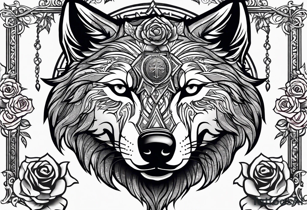 Powerful majestic wolf with mystery in its eye surrounded by rose and a cross and a bible quote tattoo idea